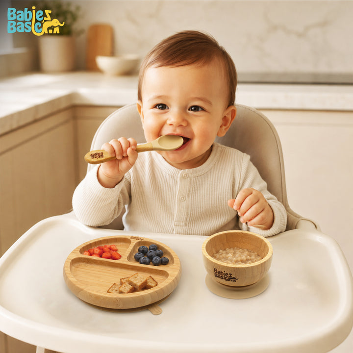 Babies Basic Bamboo plate, Bowl with suction and Silicone Spoon for Kids, Beige