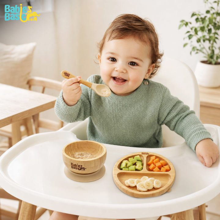 Babies Basic Bamboo plate, Bowl with suction and Silicone Spoon for Kids, Beige