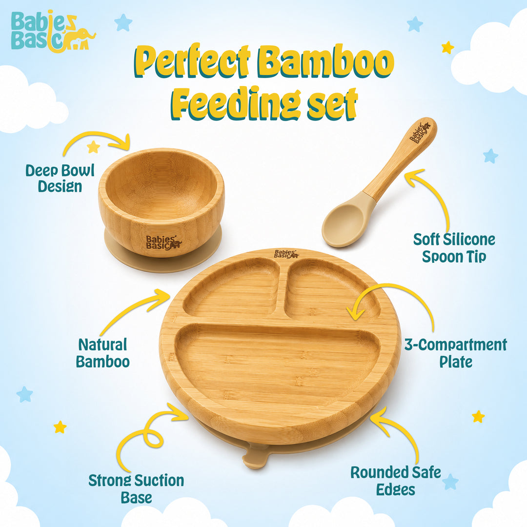 Babies Basic Bamboo plate, Bowl with suction and Silicone Spoon for Kids, Beige