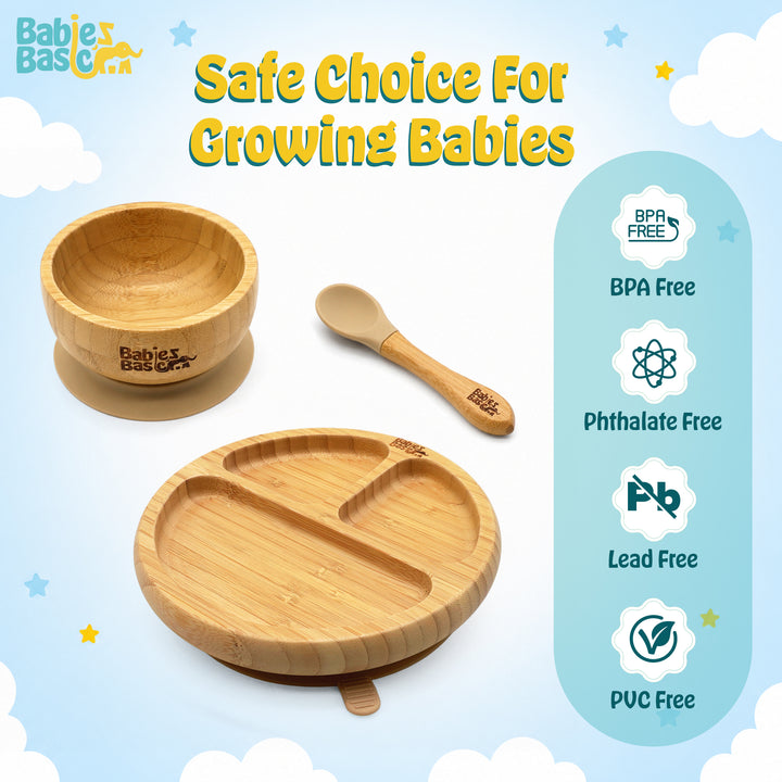 Babies Basic Bamboo plate, Bowl with suction and Silicone Spoon for Kids, Beige