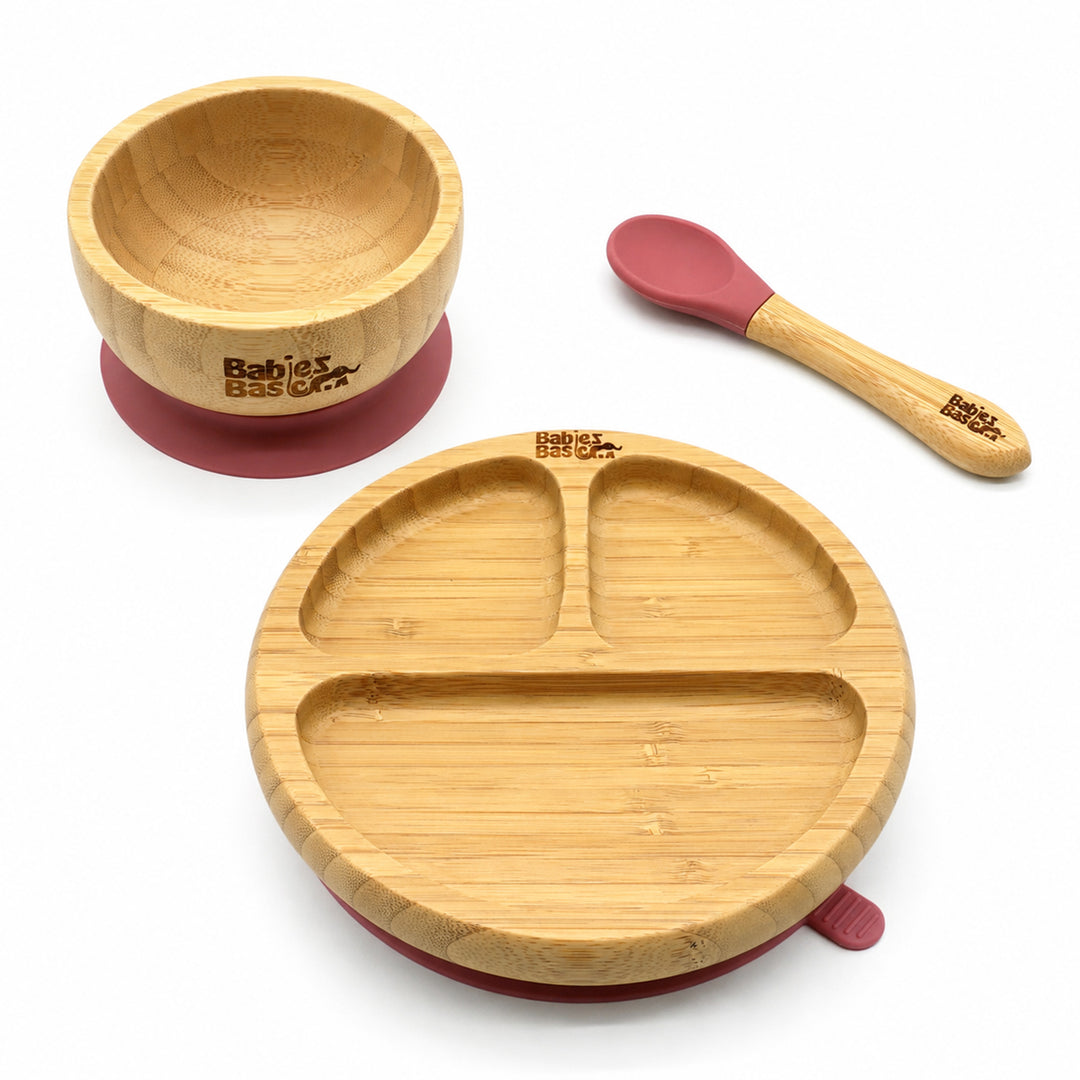 Babies Basic Bamboo plate, Bowl with suction and Silicone Spoon for Kids, Dusty Pink