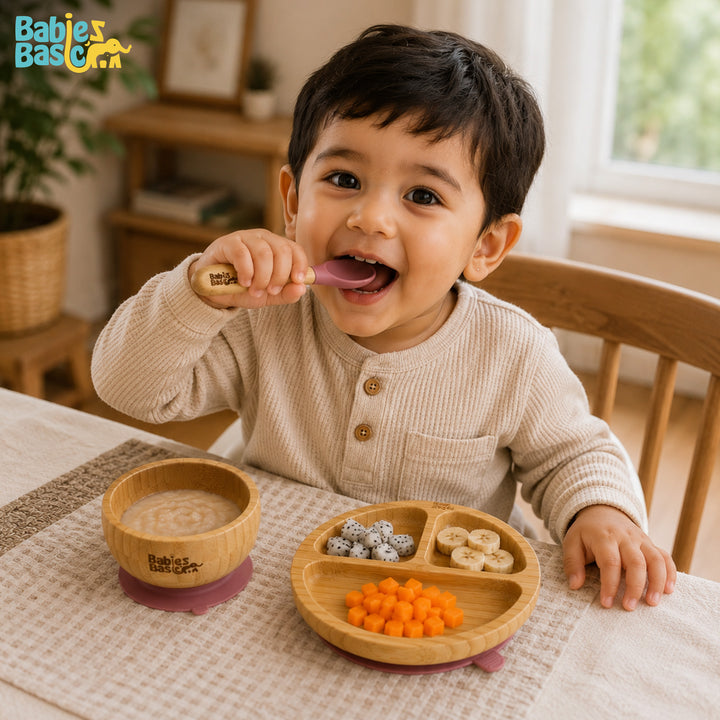 Babies Basic Bamboo plate, Bowl with suction and Silicone Spoon for Kids, Dusty Pink