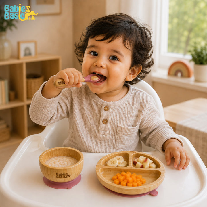 Babies Basic Bamboo plate, Bowl with suction and Silicone Spoon for Kids, Dusty Pink