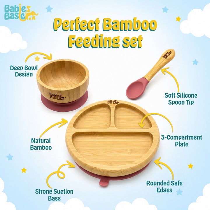 Babies Basic Bamboo plate, Bowl with suction and Silicone Spoon for Kids, Dusty Pink