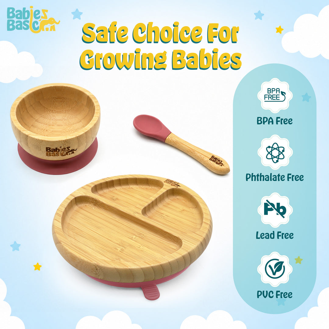 Babies Basic Bamboo plate, Bowl with suction and Silicone Spoon for Kids, Dusty Pink