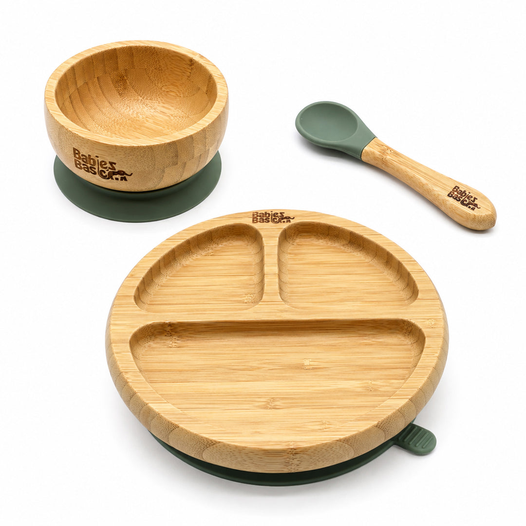 Babies Basic Bamboo plate, Bowl with suction and Silicone Spoon for Kids, Green