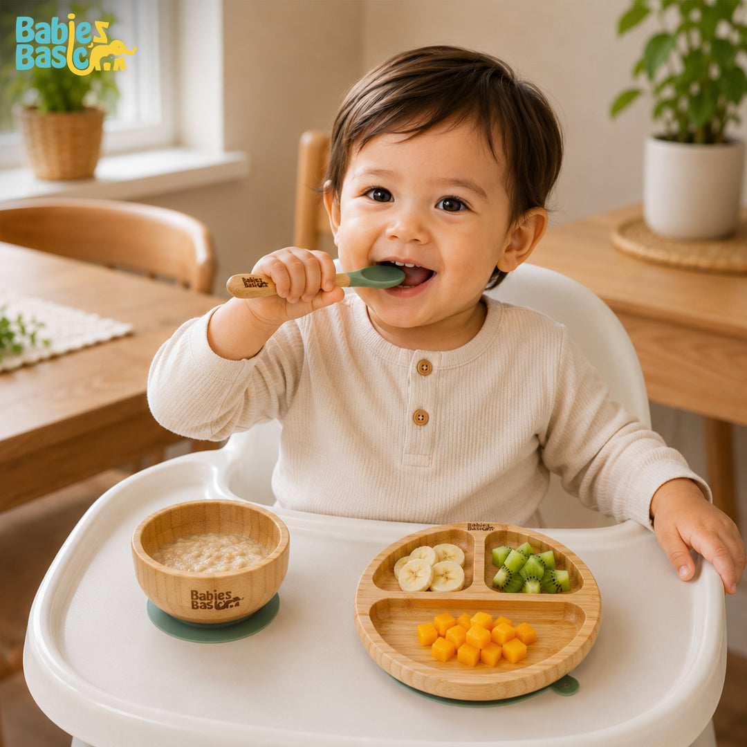 Babies Basic Bamboo plate, Bowl with suction and Silicone Spoon for Kids, Green