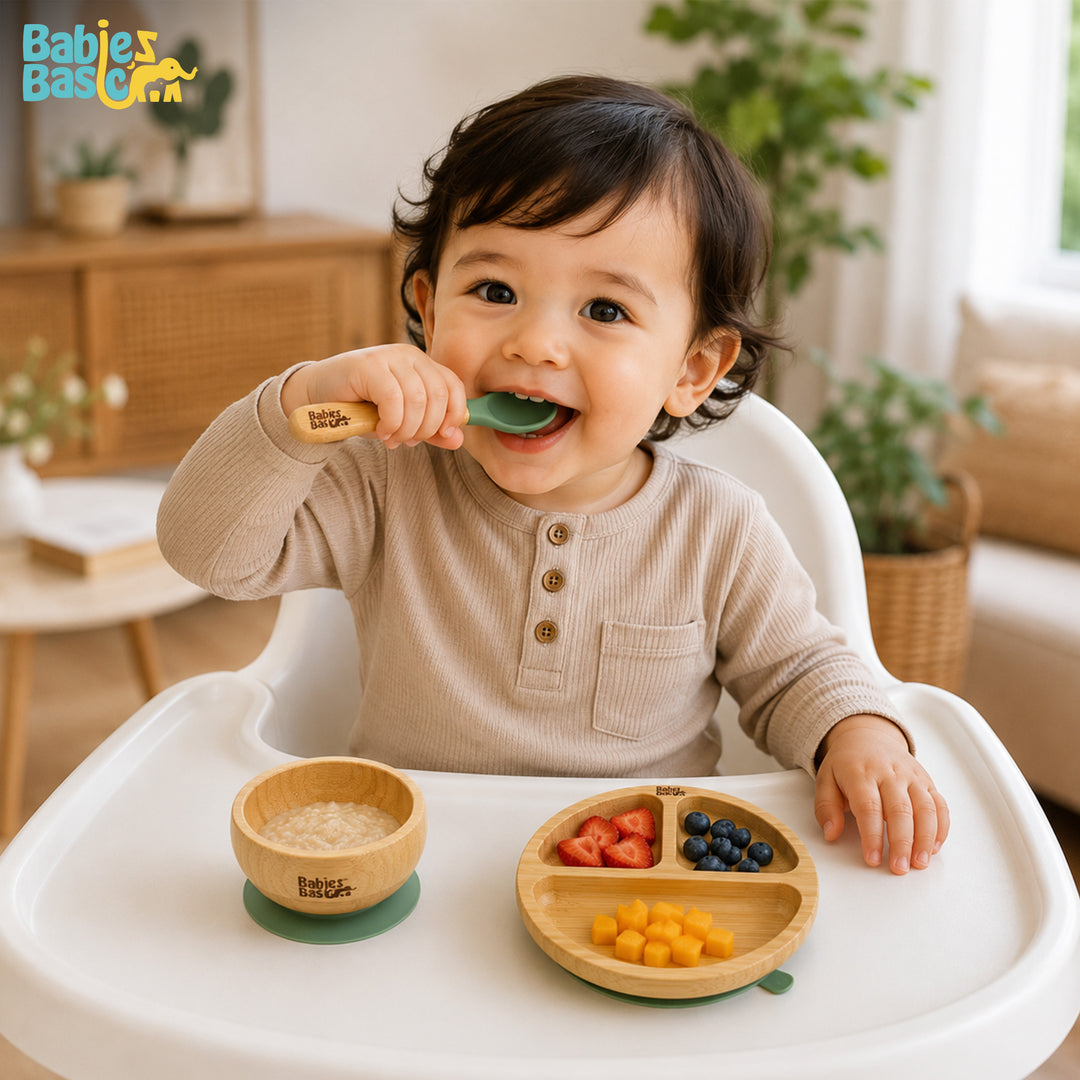 Babies Basic Bamboo plate, Bowl with suction and Silicone Spoon for Kids, Green
