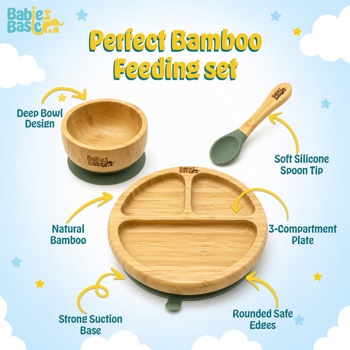 Babies Basic Bamboo plate, Bowl with suction and Silicone Spoon for Kids, Green