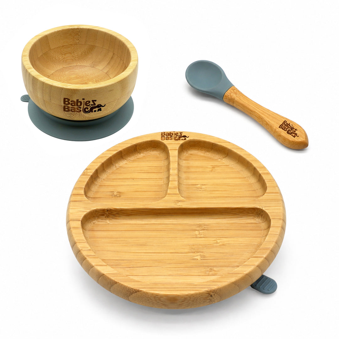 Babies Basic Bamboo plate, Bowl with suction and Silicone Spoon for Kids, Indigo