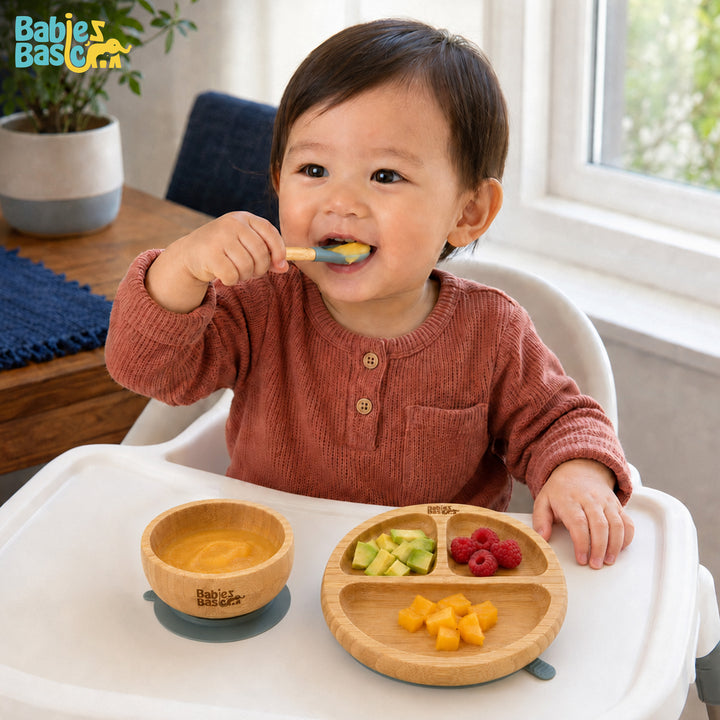 Babies Basic Bamboo plate, Bowl with suction and Silicone Spoon for Kids, Indigo