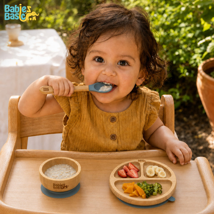 Babies Basic Bamboo plate, Bowl with suction and Silicone Spoon for Kids, Indigo