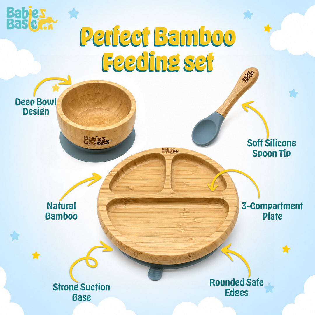 Babies Basic Bamboo plate, Bowl with suction and Silicone Spoon for Kids, Indigo