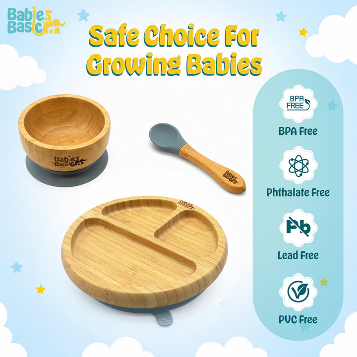 Babies Basic Bamboo plate, Bowl with suction and Silicone Spoon for Kids, Indigo