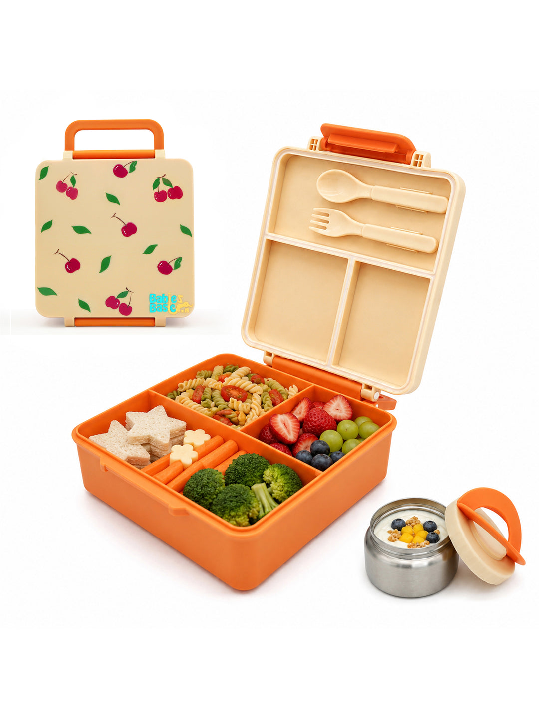 Babies Basic Insulated Bento Lunchbox, Built-in Thermos, Leakproof Compartments, 3+ Years - Beige - Fruit