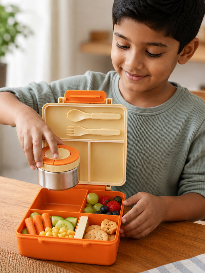 Babies Basic Insulated Bento Lunchbox, Built-in Thermos, Leakproof Compartments, 3+ Years - Beige - Fruit
