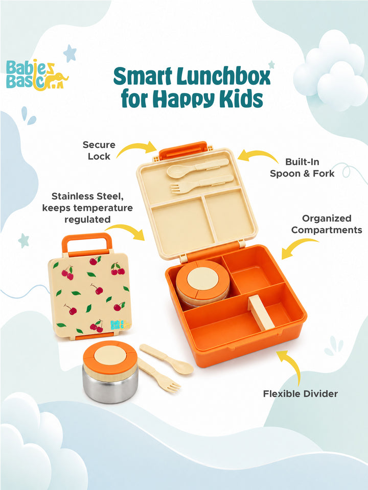 Babies Basic Insulated Bento Lunchbox, Built-in Thermos, Leakproof Compartments, 3+ Years - Beige - Fruit