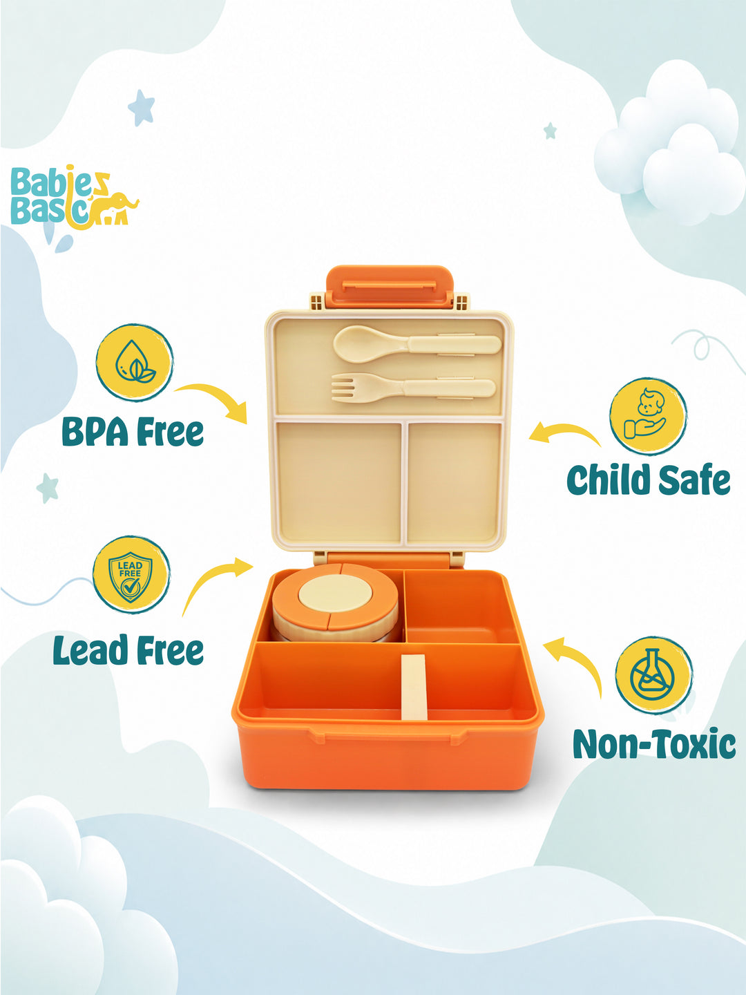 Babies Basic Insulated Bento Lunchbox, Built-in Thermos, Leakproof Compartments, 3+ Years - Beige - Fruit