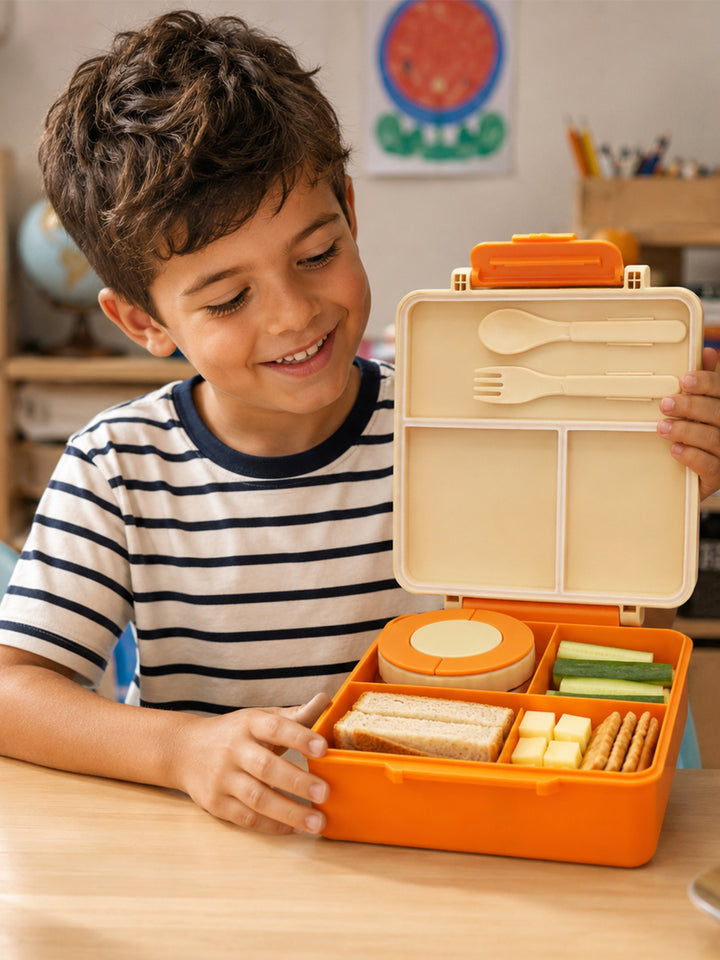 Babies Basic Insulated Bento Lunchbox, Built-in Thermos, Leakproof Compartments, 3+ Years - Beige - Zoo