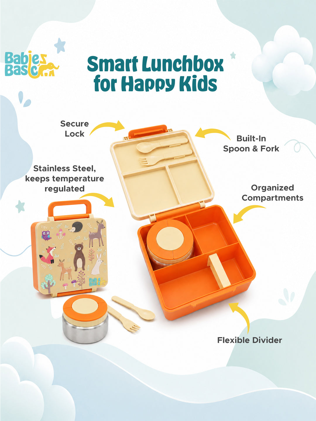 Babies Basic Insulated Bento Lunchbox, Built-in Thermos, Leakproof Compartments, 3+ Years - Beige - Zoo