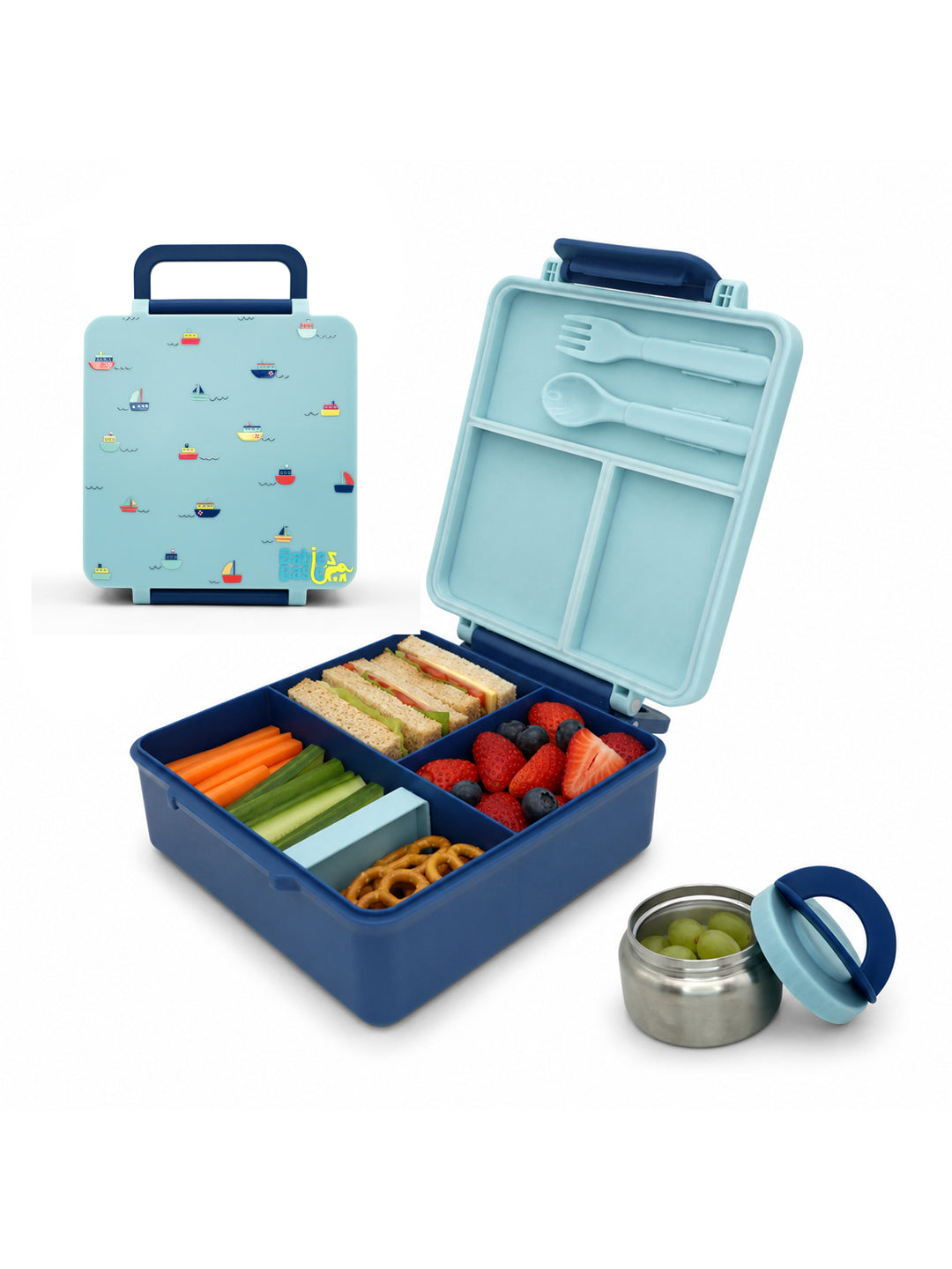 Babies Basic Insulated Bento Lunchbox, Built-in Thermos, Leakproof Compartments, 3+ Years - Blue - Boat
