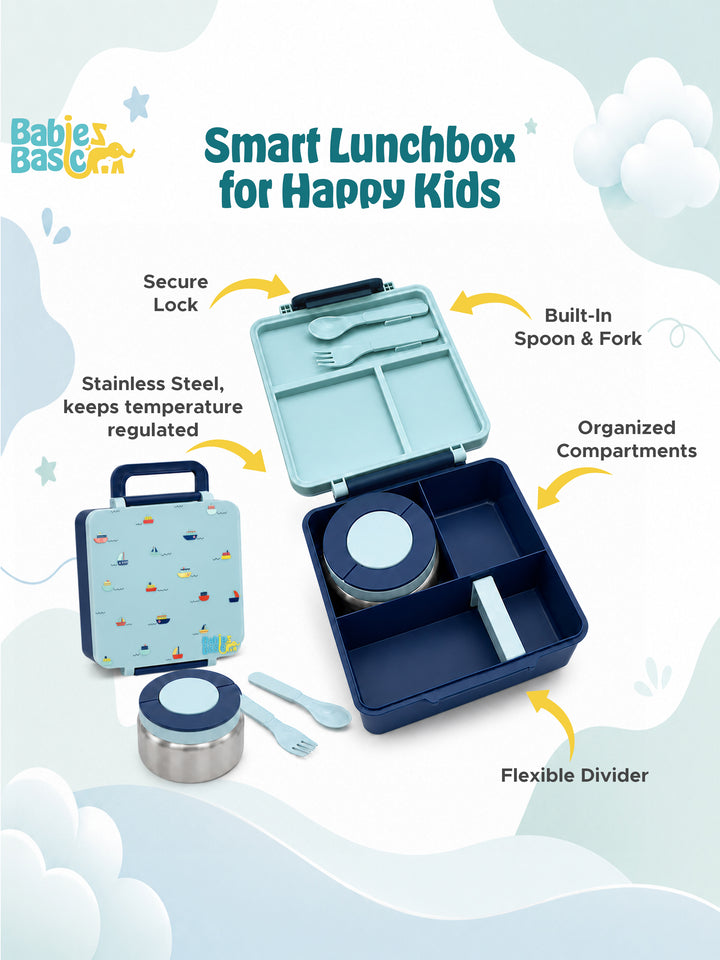 Babies Basic Insulated Bento Lunchbox, Built-in Thermos, Leakproof Compartments, 3+ Years - Blue - Boat