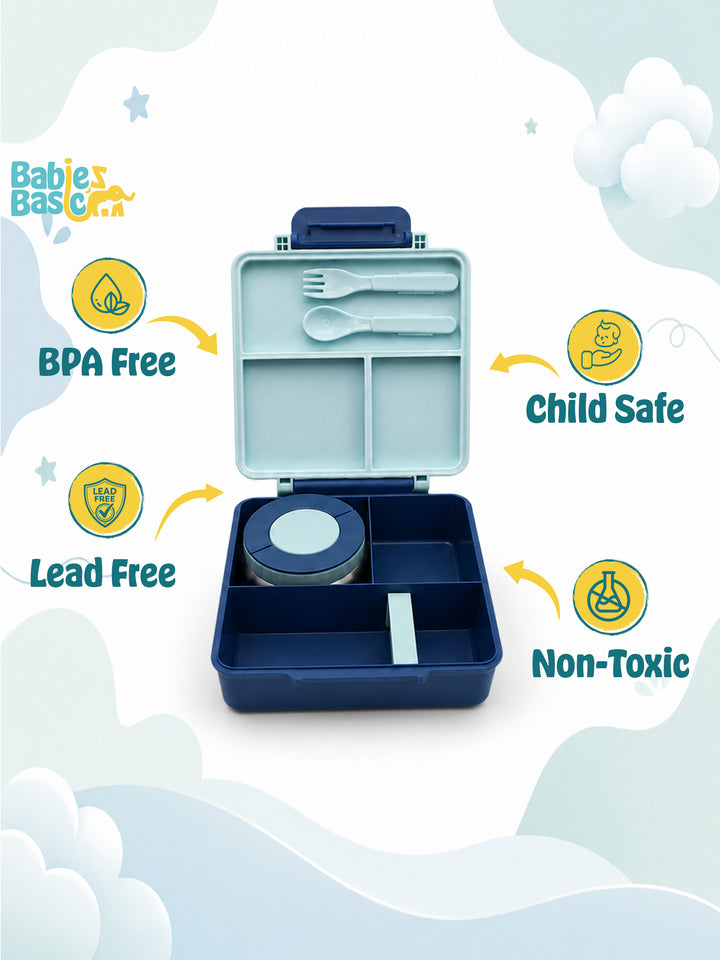 Babies Basic Insulated Bento Lunchbox, Built-in Thermos, Leakproof Compartments, 3+ Years - Blue - Boat