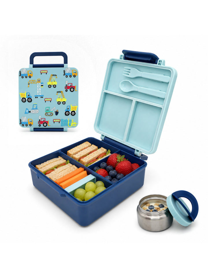 Babies Basic Insulated Bento Lunchbox, Built-in Thermos, Leakproof Compartments, 3+ Years - Blue - Construction