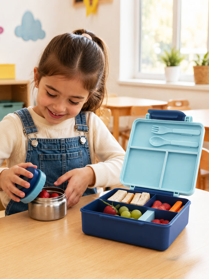 Babies Basic Insulated Bento Lunchbox, Built-in Thermos, Leakproof Compartments, 3+ Years - Blue - Construction