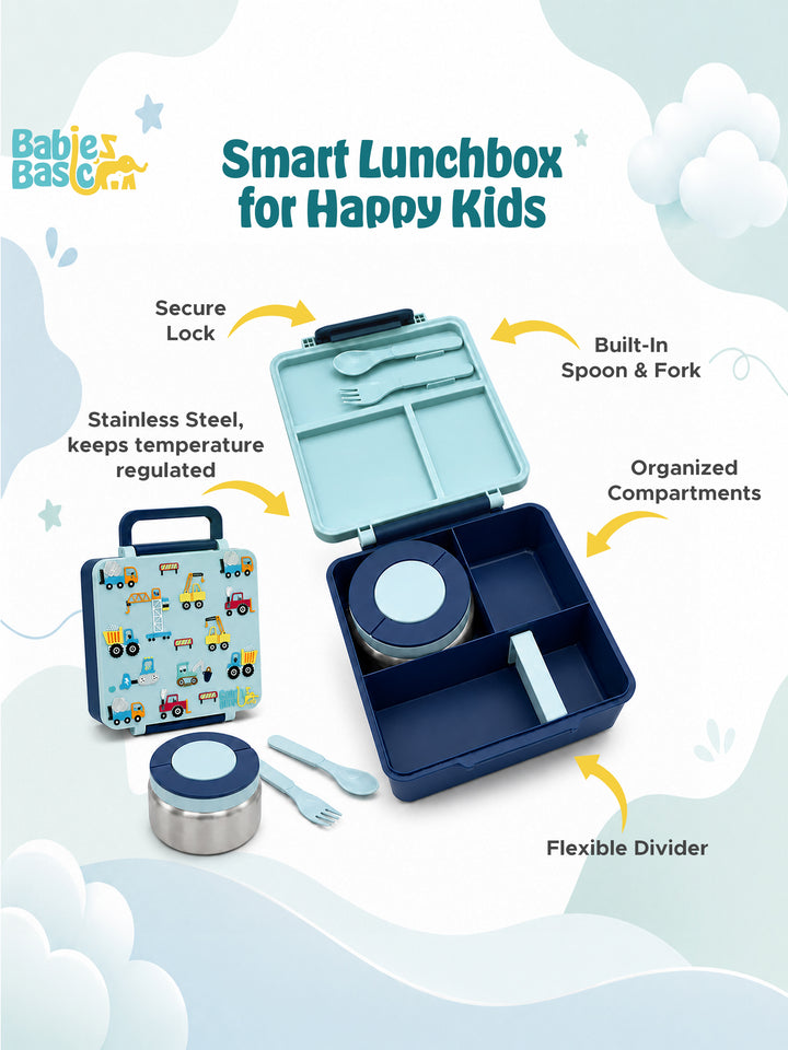 Babies Basic Insulated Bento Lunchbox, Built-in Thermos, Leakproof Compartments, 3+ Years - Blue - Construction