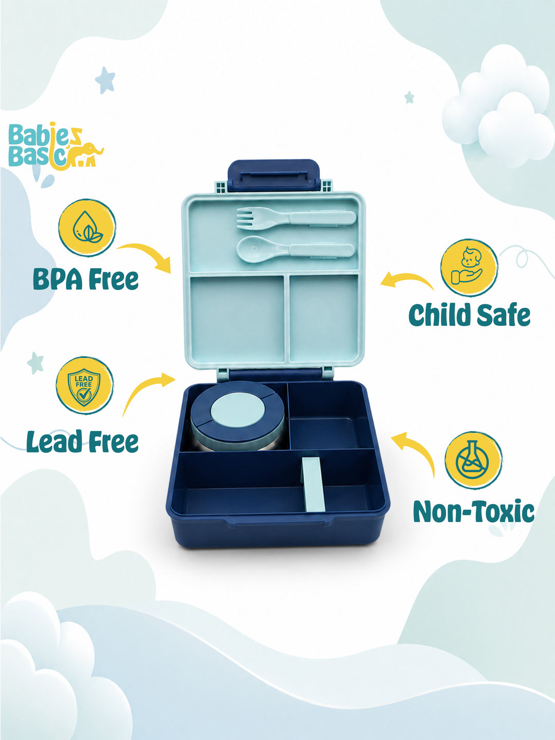 Babies Basic Insulated Bento Lunchbox, Built-in Thermos, Leakproof Compartments, 3+ Years - Blue - Construction