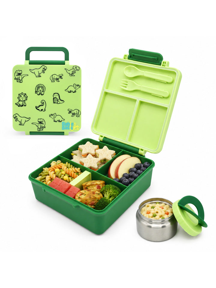 Babies Basic Insulated Bento Lunchbox, Built-in Thermos, Leakproof Compartments, 3+ Years - Green - Dinosaur