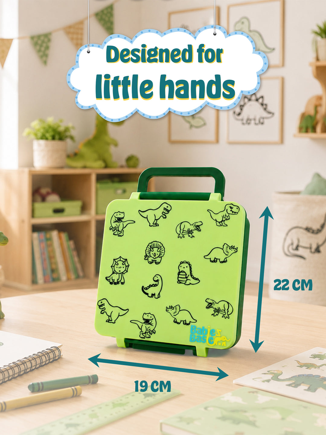 Babies Basic Insulated Bento Lunchbox, Built-in Thermos, Leakproof Compartments, 3+ Years - Green - Dinosaur