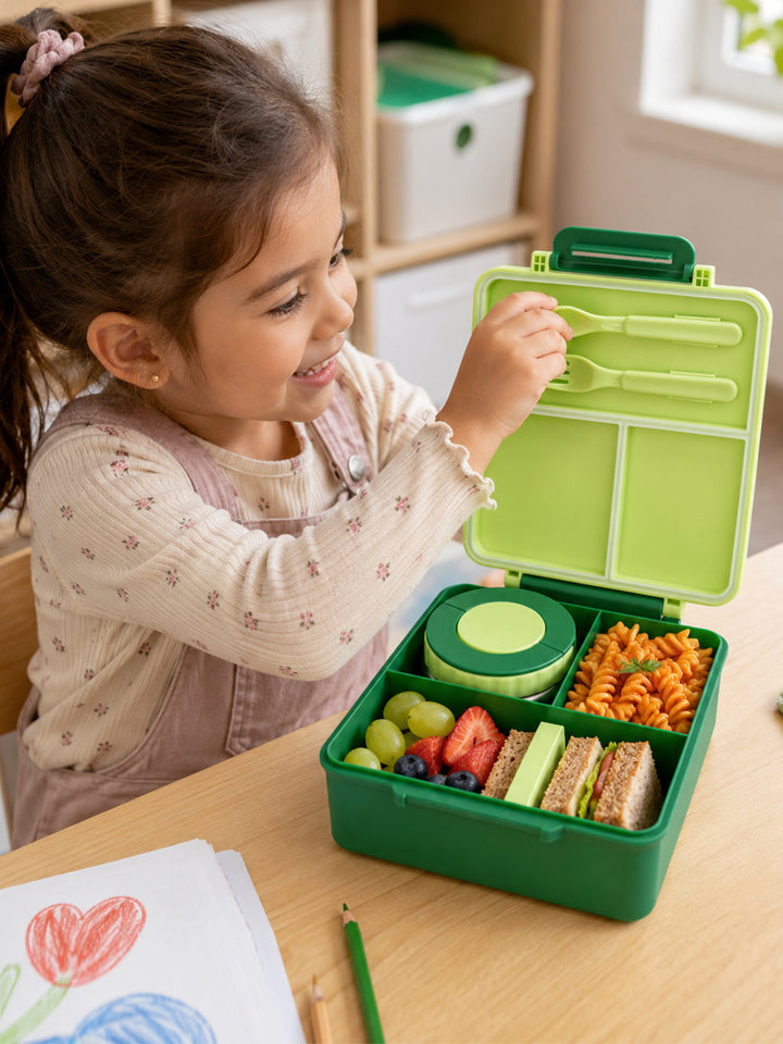 Babies Basic Insulated Bento Lunchbox, Built-in Thermos, Leakproof Compartments, 3+ Years - Green - Dinosaur
