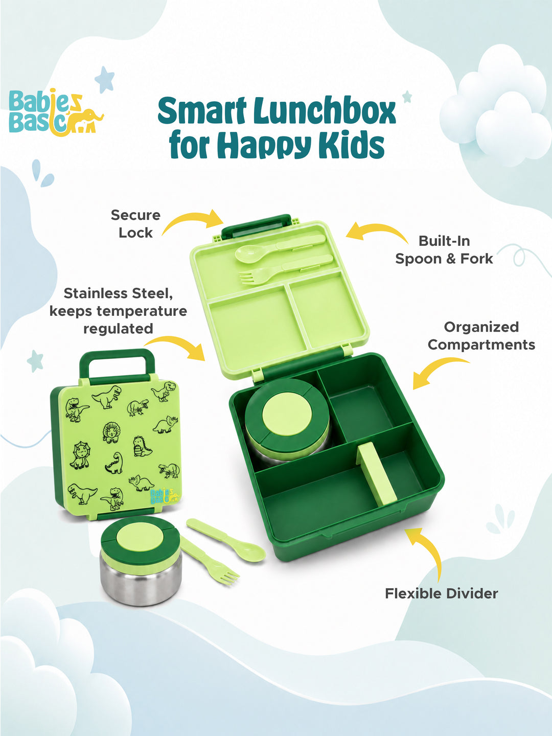 Babies Basic Insulated Bento Lunchbox, Built-in Thermos, Leakproof Compartments, 3+ Years - Green - Dinosaur