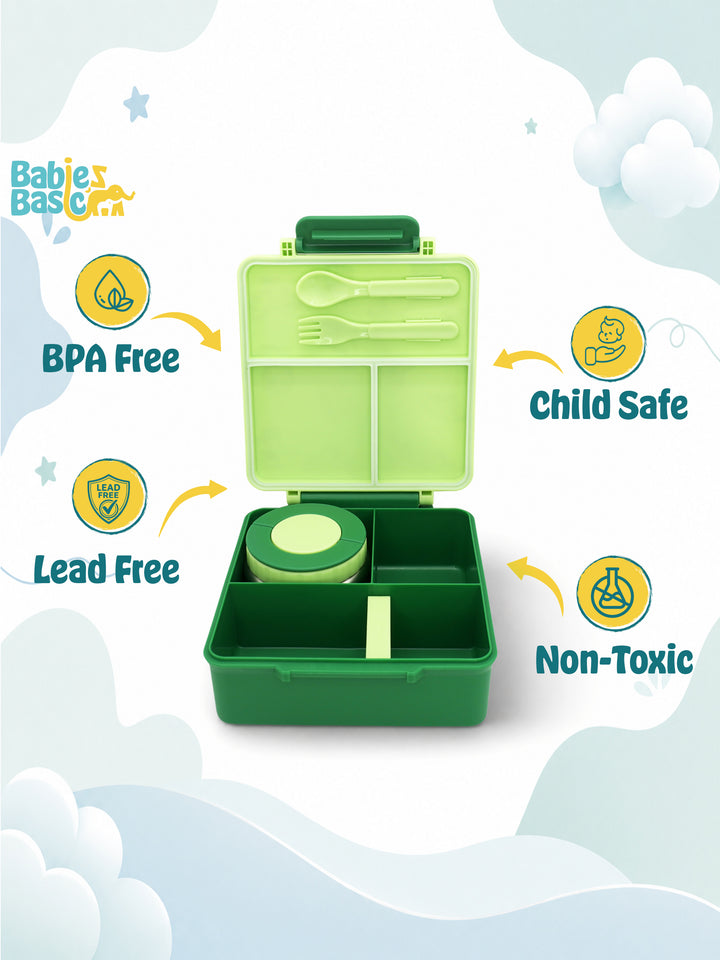 Babies Basic Insulated Bento Lunchbox, Built-in Thermos, Leakproof Compartments, 3+ Years - Green - Dinosaur