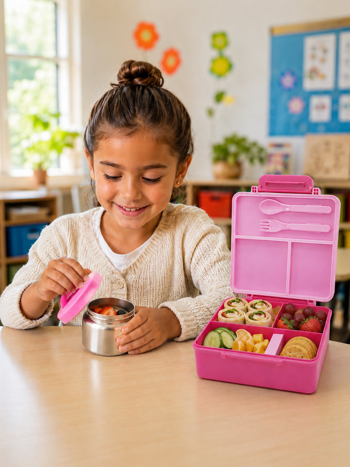 Babies Basic Insulated Bento Lunchbox, Built-in Thermos, Leakproof Compartments, 3+ Years - Pink - Princess