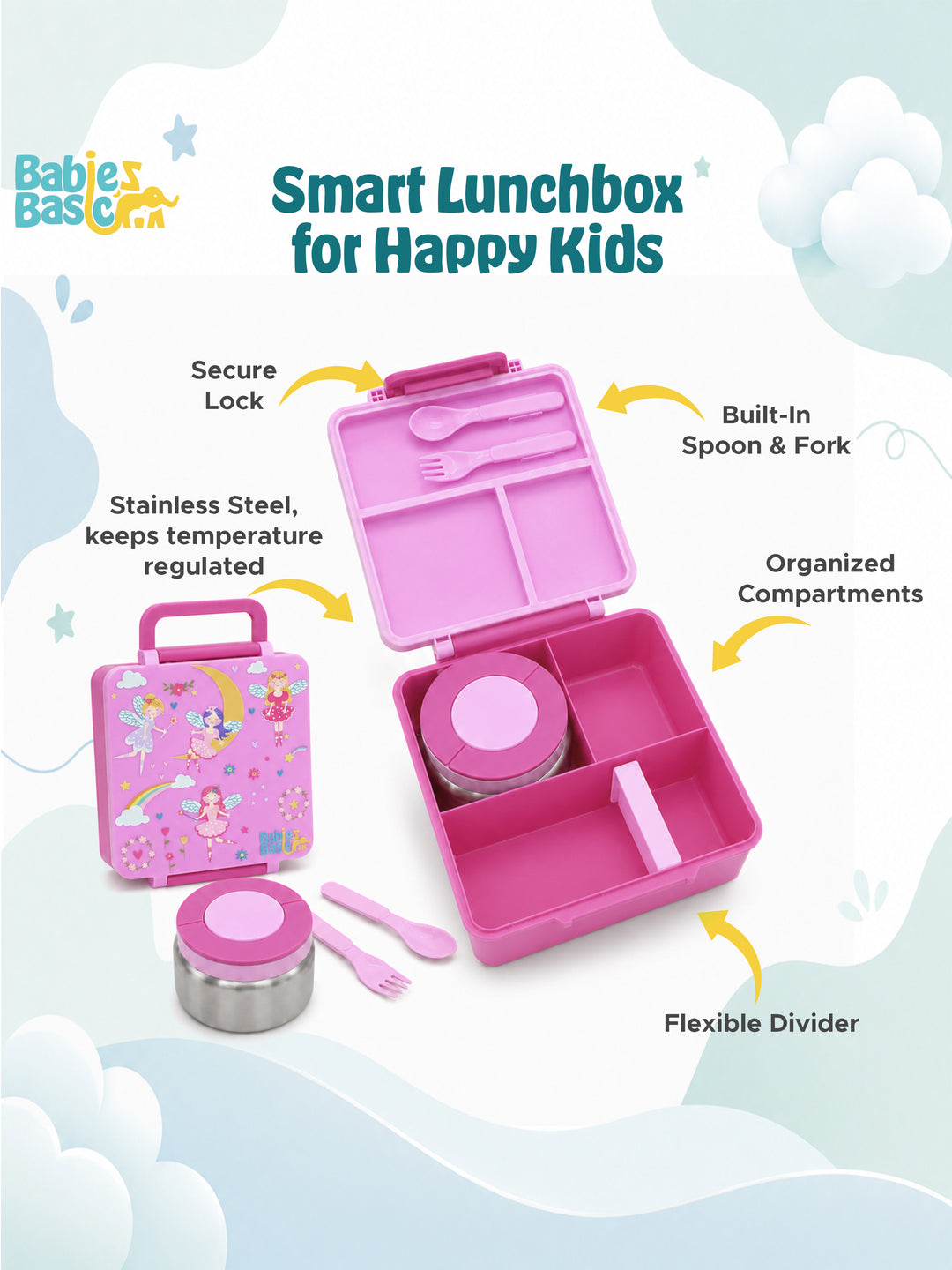Babies Basic Insulated Bento Lunchbox, Built-in Thermos, Leakproof Compartments, 3+ Years - Pink - Princess