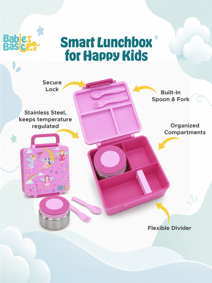 Babies Basic Insulated Bento Lunchbox, Built-in Thermos, Leakproof Compartments, 3+ Years - Pink - Princess