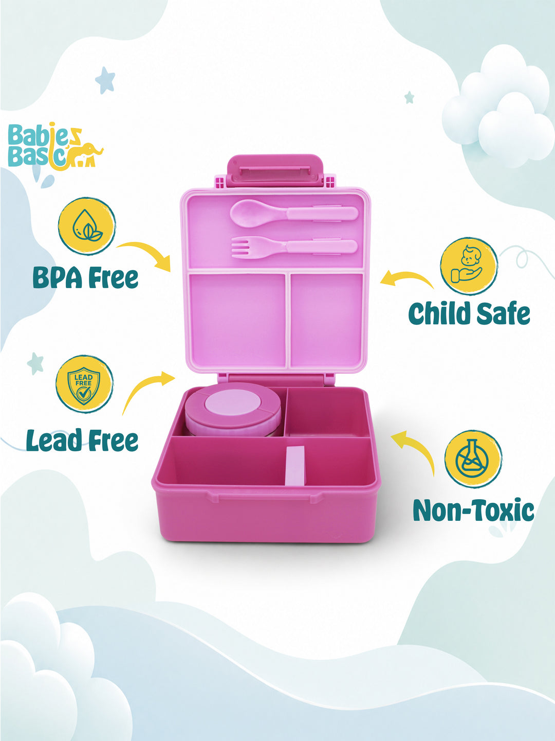 Babies Basic Insulated Bento Lunchbox, Built-in Thermos, Leakproof Compartments, 3+ Years - Pink - Princess