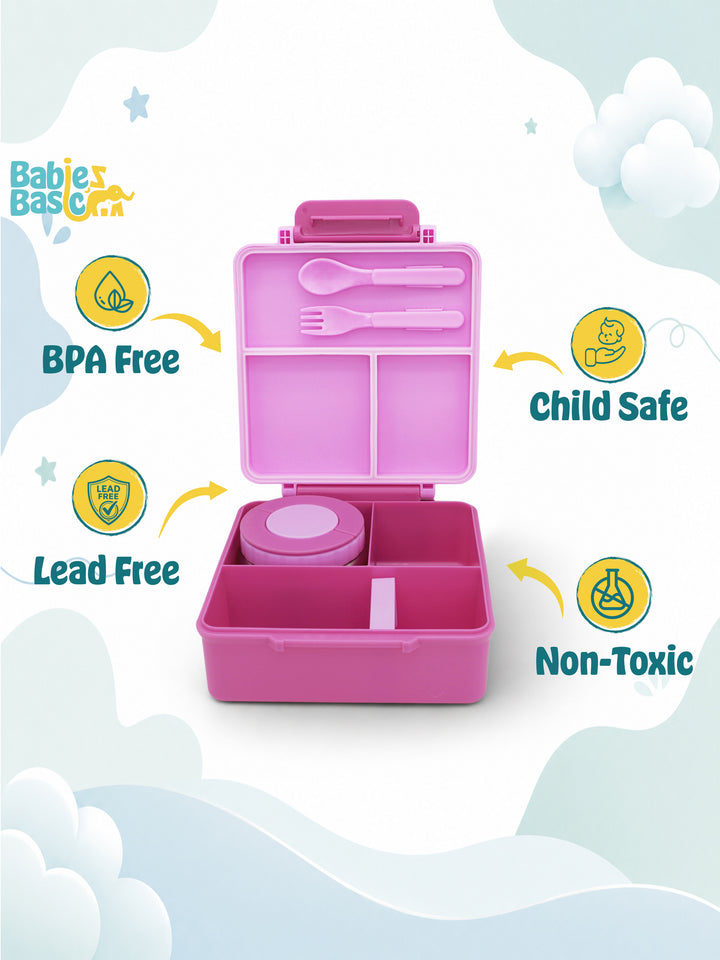 Babies Basic Insulated Bento Lunchbox, Built-in Thermos, Leakproof Compartments, 3+ Years - Pink - Princess