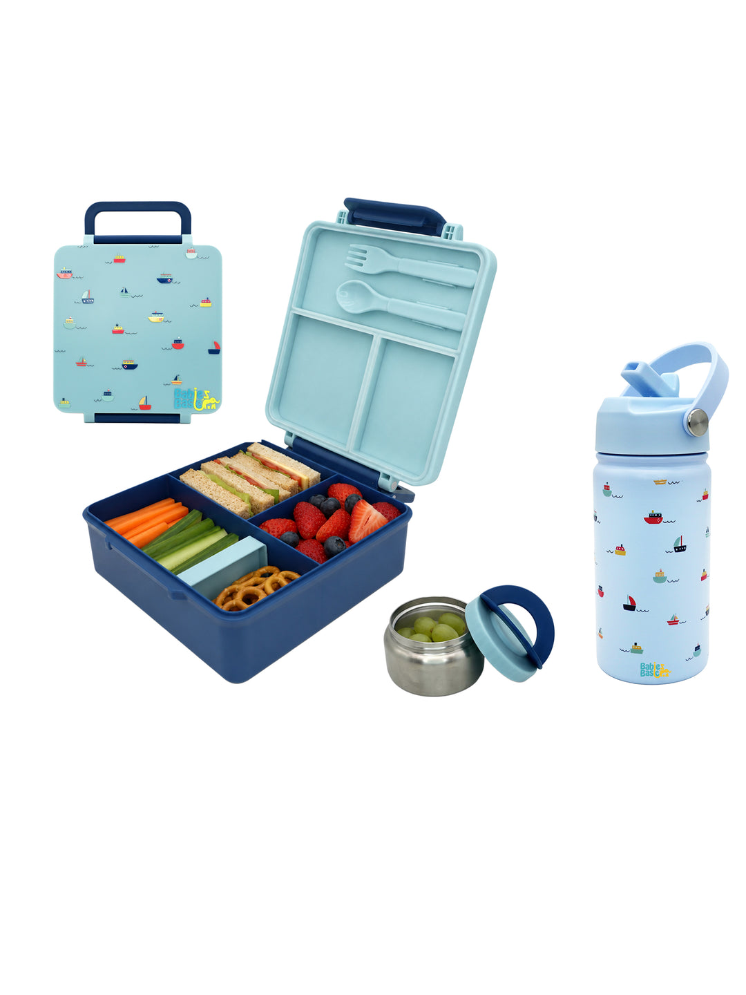 Babies Basic Insulated Bento Lunchbox with Stainless Steel Bottle, 3+ Years - Blue - Boat