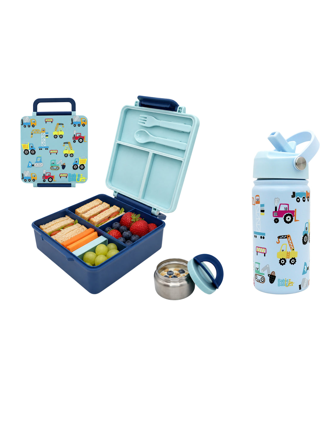 Babies Basic Insulated Bento Lunchbox with Stainless Steel Bottle, 3+ Years - Blue - Construction