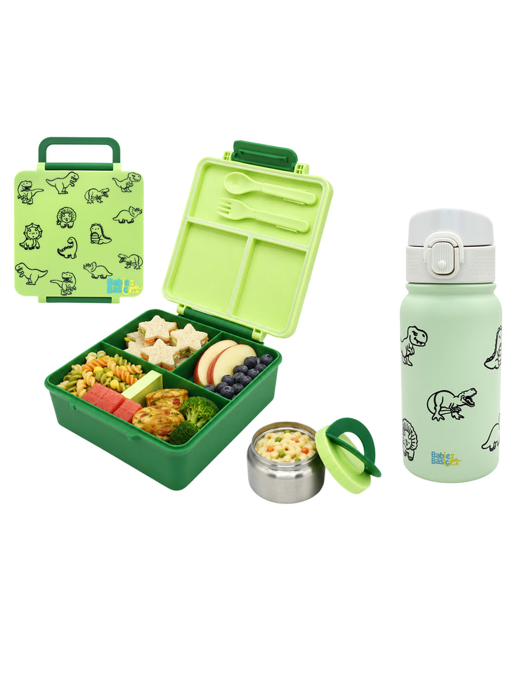 Babies Basic Insulated Bento Lunchbox with Stainless Steel Bottle, 3+ Years - Green - Dinosaur