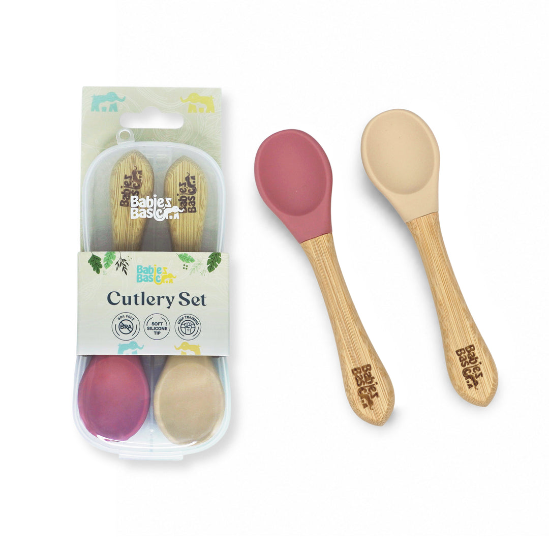 Babies Basic Silicone Spoon with Bamboo Handle for Kids, Beige and Dusty Pink