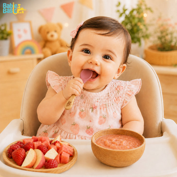Babies Basic Silicone Spoon with Bamboo Handle for Kids, Beige and Dusty Pink