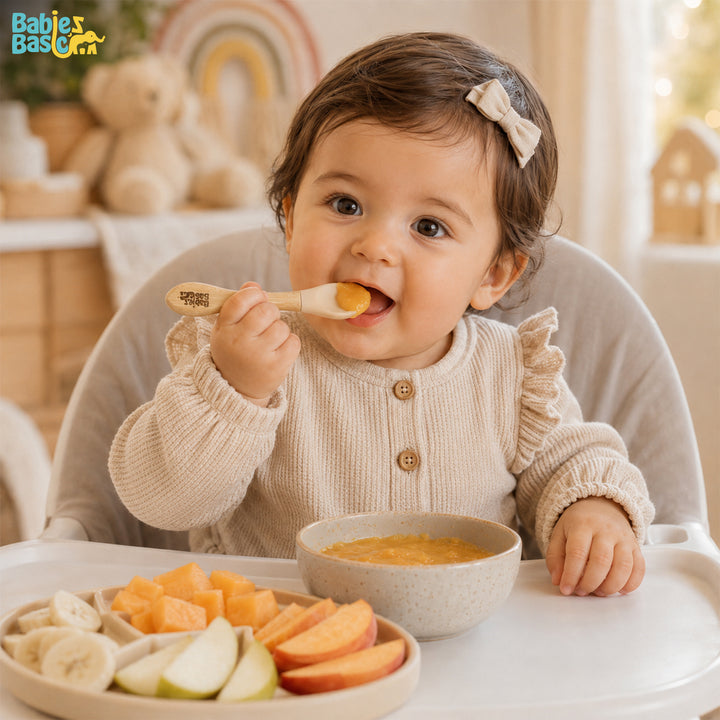 Babies Basic Silicone Spoon with Bamboo Handle for Kids, Beige and Dusty Pink