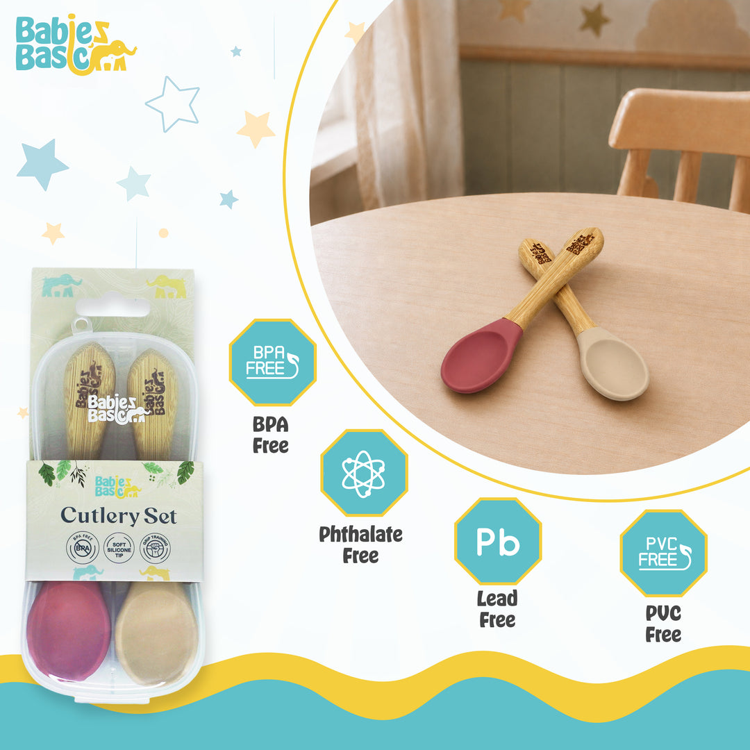 Babies Basic Silicone Spoon with Bamboo Handle for Kids, Beige and Dusty Pink