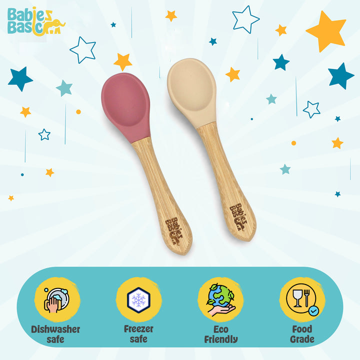 Babies Basic Silicone Spoon with Bamboo Handle for Kids, Beige and Dusty Pink