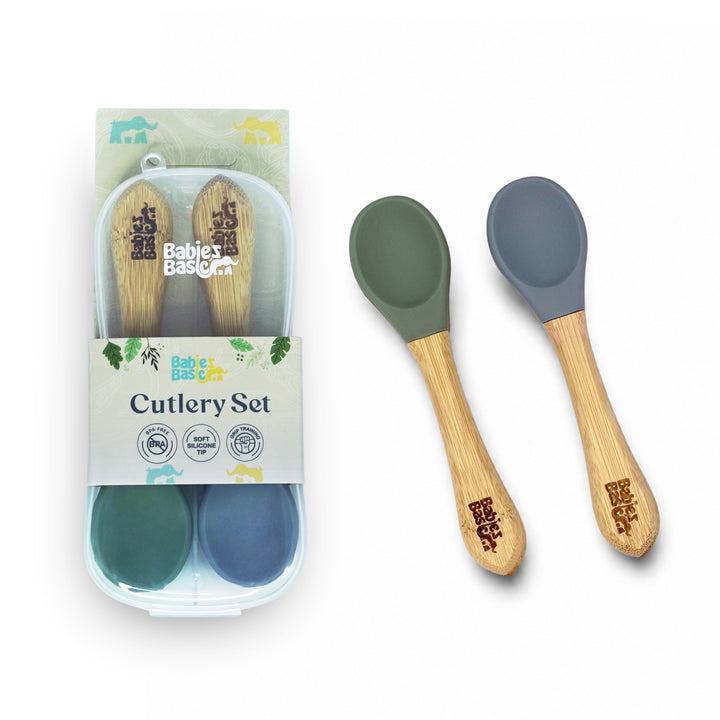 Babies Basic Silicone Spoon with Bamboo Handle for Kids, Green and Indigo